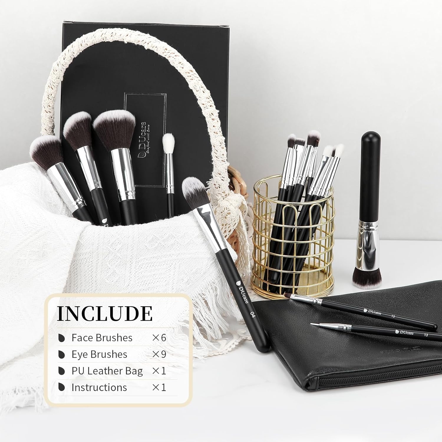 Ducare Set De Brochas De Maquillaje 15 Pcs Con Bolsa Profesional Brochas De Maquillaje Synthetic,Mango De Madera,Brocha Para Contorno De Ojos Y Rubor,Regalo Para San Valentín,Navidad Y Año Nuevo