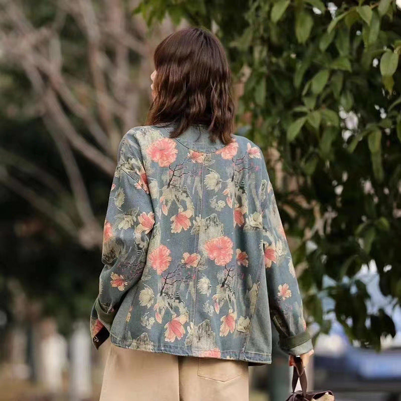 Women's Ethnic Literary Retro Print Denim Jacket