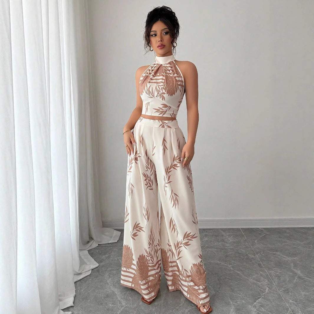 Neck-hanging Vest And Wide-leg Trousers Printed Set