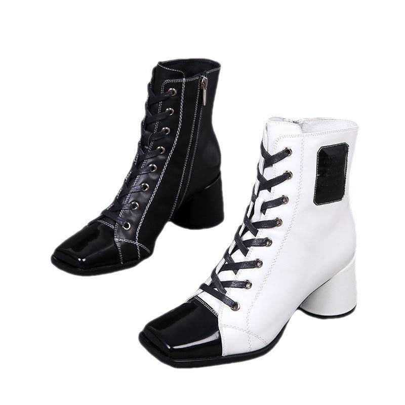 Women's New Square Toe Thick High-heeled British Style Martin Boots
