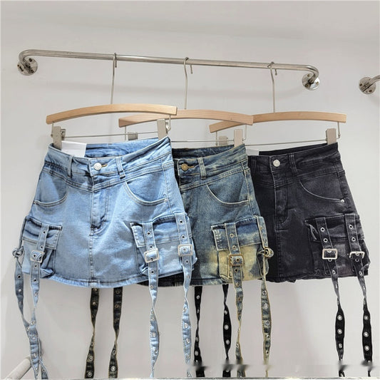 Forårs- og sommer-denim hoftepakket kort nederdel