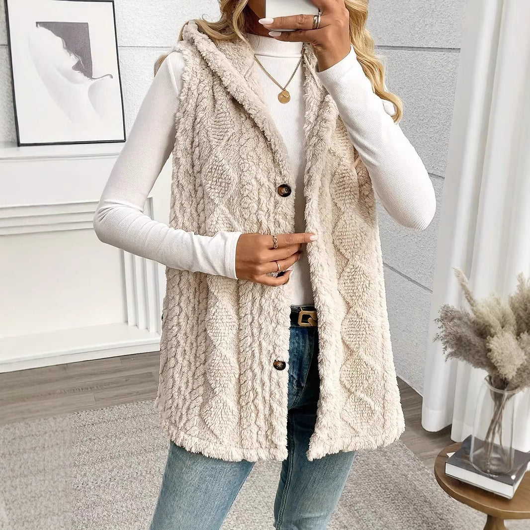 Solid Color Double-sided Plush Hooded Button Cardigan Casual Women Autumn And Winter Vest
