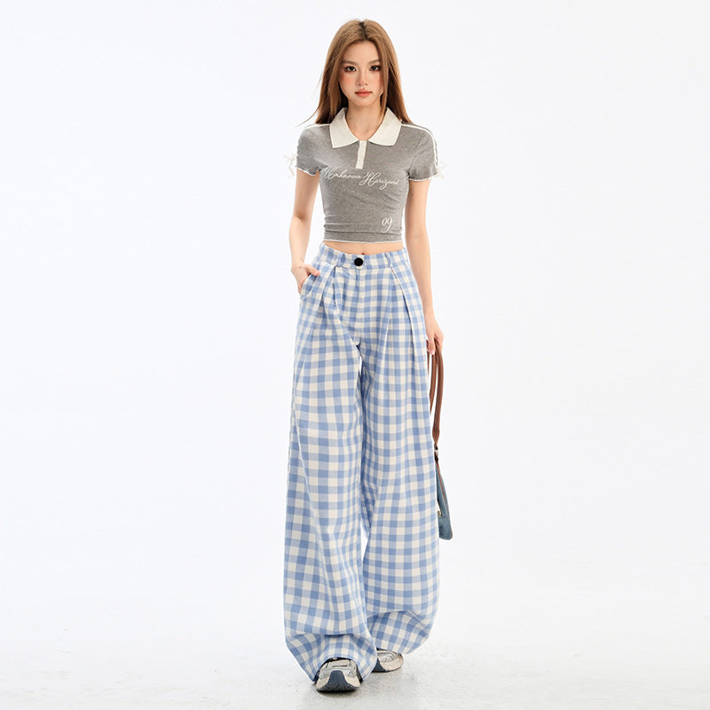 Blue Plaid Womens Loose-fitting Straight-leg Casual Pants