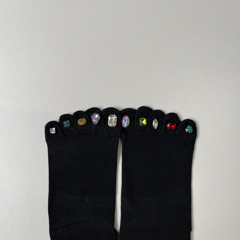 Five Finger Socks With Diamonds Summer Thin Crystal Mid Tube Split Toed Socks