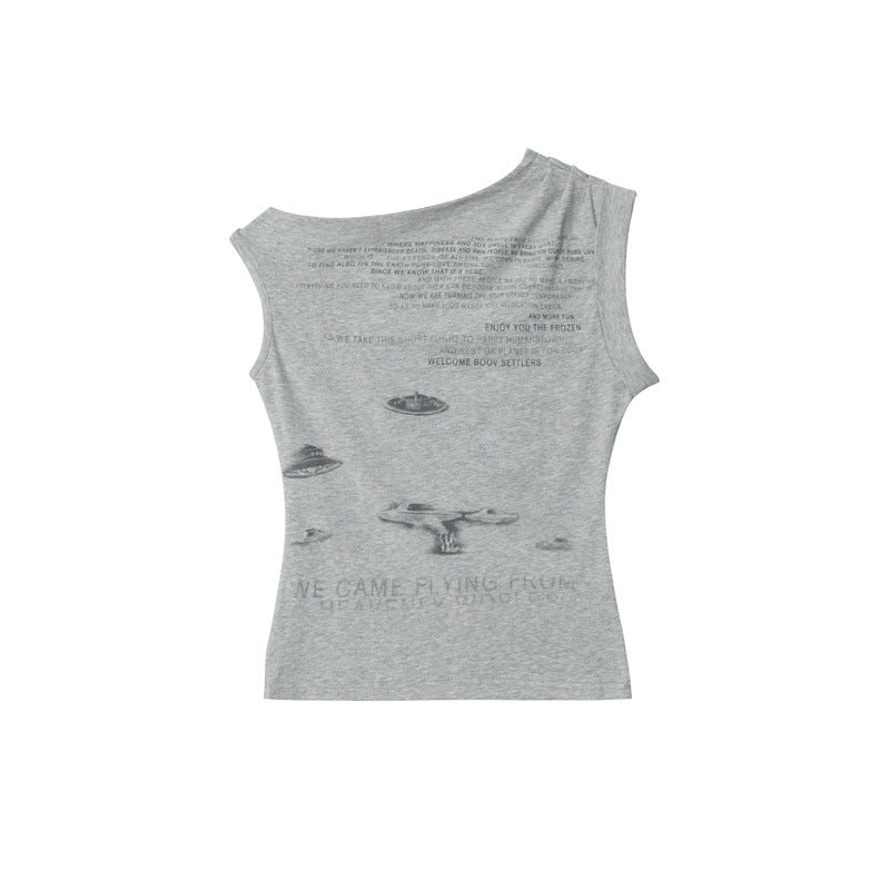 Hot Girl Irregular Shoulder Design T-shirt Heart Women's Short
