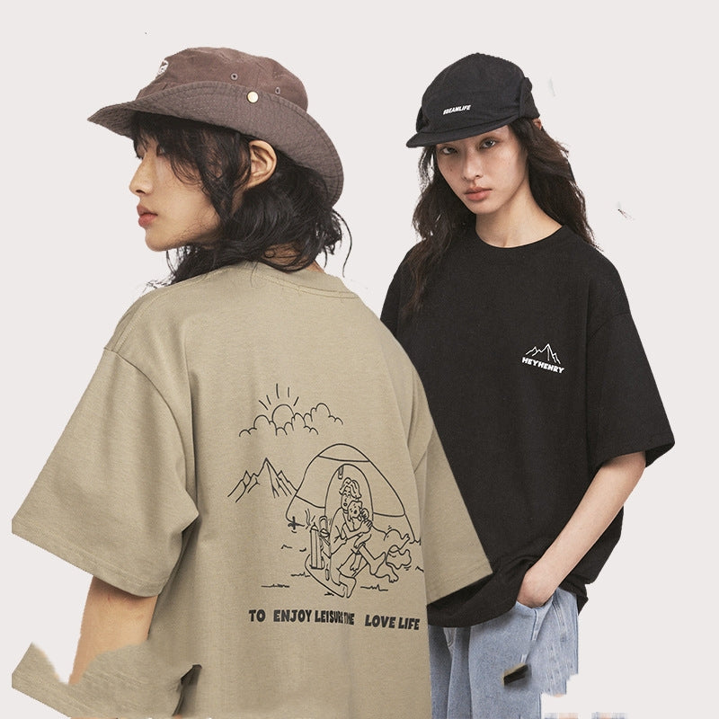 Summer Pure Cotton Camping Printing Oversize College Style Couple Wear Short Sleeve