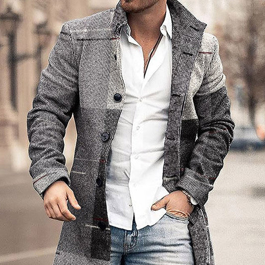 Autumn And Winter New Men's Woolen Stand Collar Medium Long Pocket Casual Coat