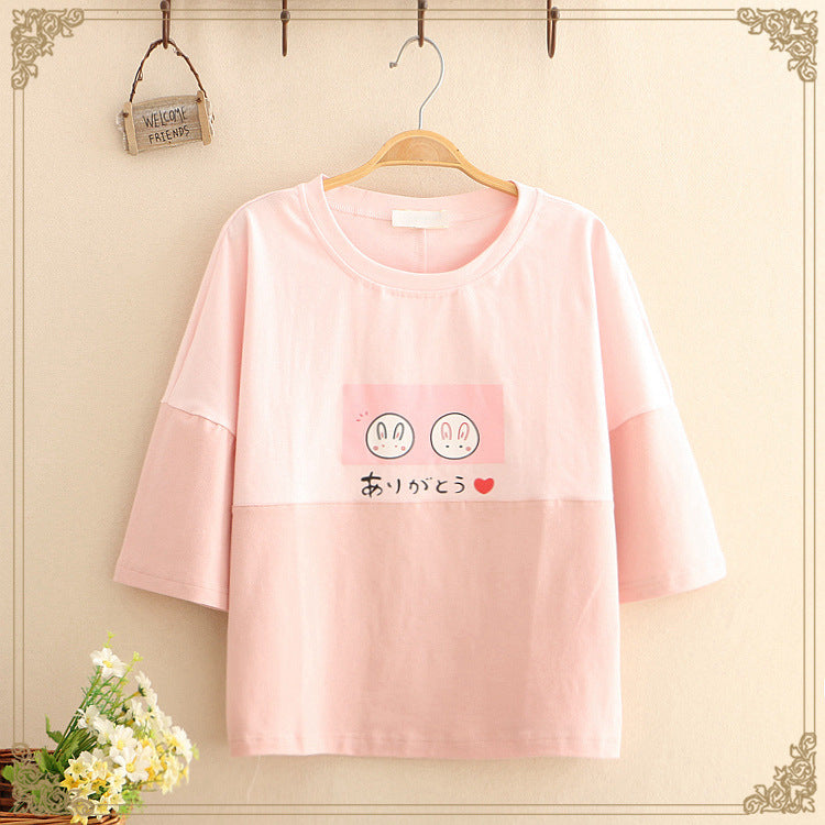 Color Combination Of Two Circle Rabbit Round Neck Short-sleeved T-shirt