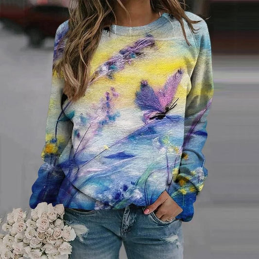 Sød kat kreativt print langærmet sweater med rund hals til kvinder