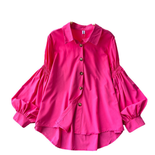 Pleated Lantern-sleeve Single-breasted Loose-fitting Versatile Shirt