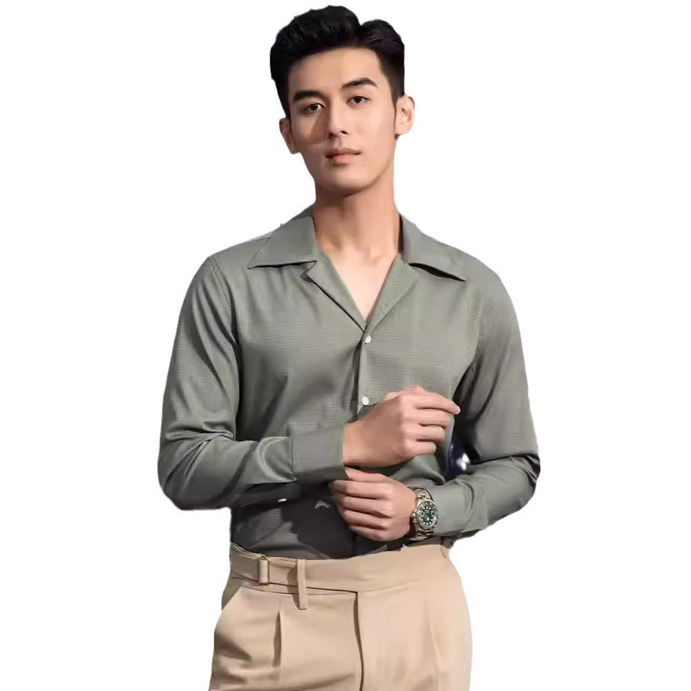 Cuban Collar Shirt Men's Business Casual Long Sleeve Shirt