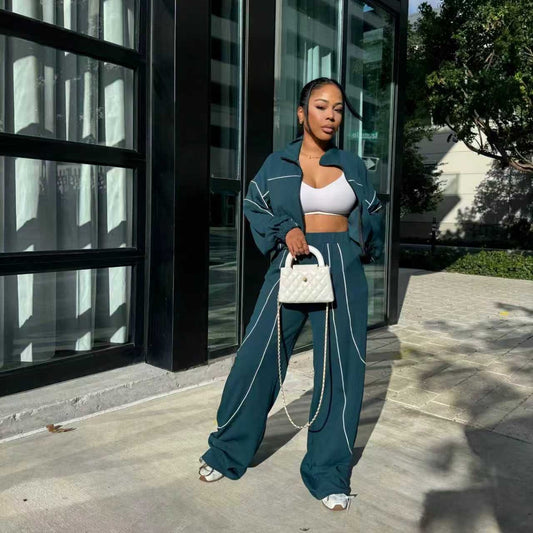Wide-leg Color-blocked Stand-collar Two-piece Set
