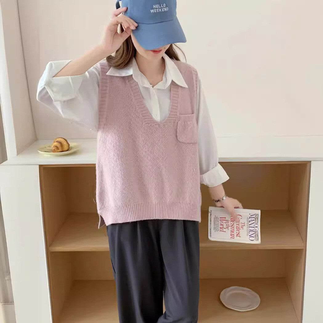 Casual  Girly Style Pocket V-neck Sleeveless Vest