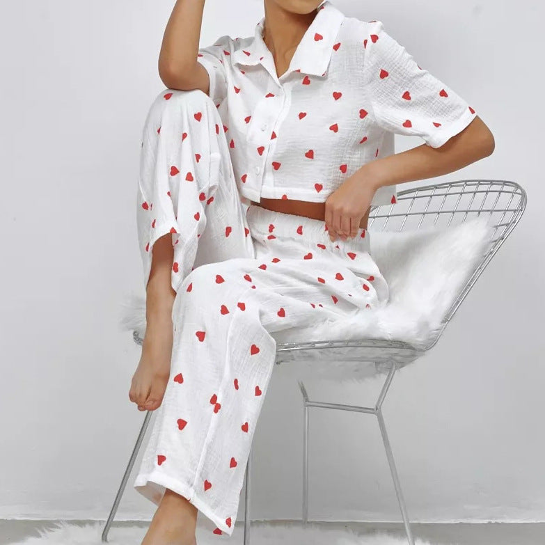 Heart-printed Crepe Cotton Pajama Pants And Short-sleeve Top Set