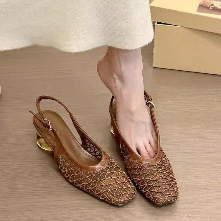French Retro Square Toe Mesh Hollow Block Heel Mary Jane Sandals For Women