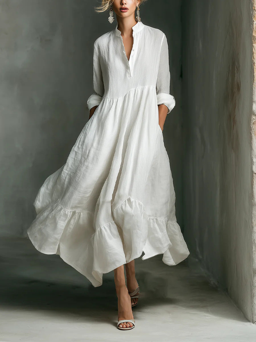 New Style Western-style Casual Cotton-Linen Resort Half-Open Collar Dress