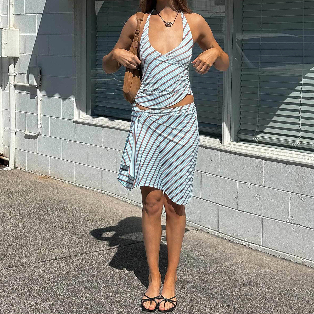 New Strappy Halter Neck Striped Dress Set With Crop Top And Open Back