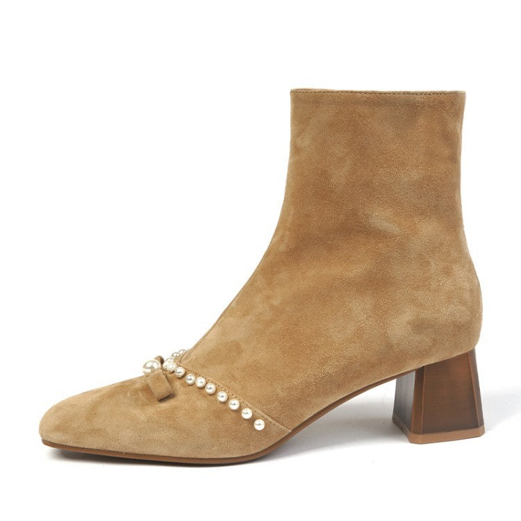 Thick Heel Round Head Pearl Bow Knot Side Zipper Short Boots Mid Heel