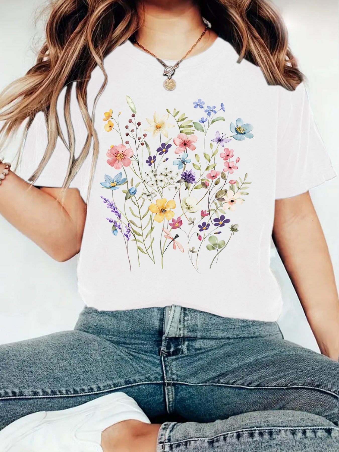 Elegant T-shirt With Floral Print, Women's Short-sleeve
