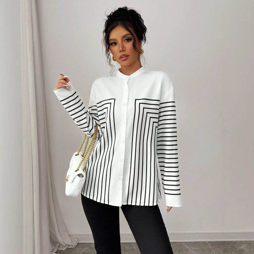 Women's Contrasting-Color Printed Single-Breasted Striped Shirt