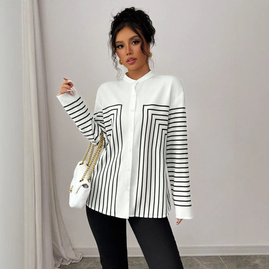 Women's Contrasting-Color Printed Single-Breasted Striped Shirt