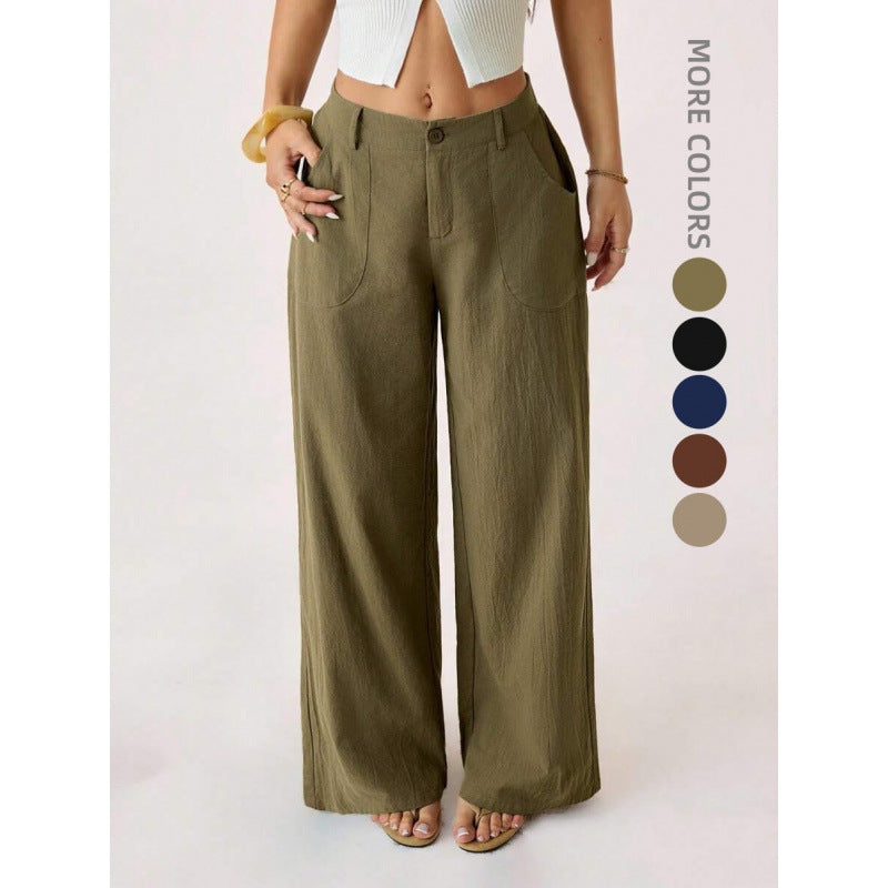 New Cotton-linen Womens Mid-rise Casual Commuter Wide-leg Pants
