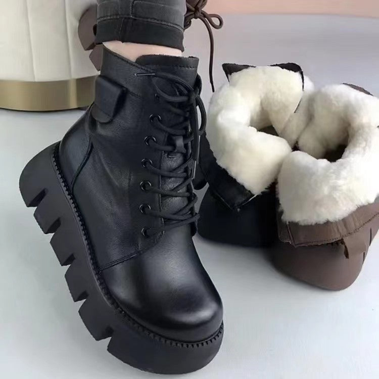 Womens Soft-leather Fleece-lined Extra-thick Insulated Snow Boots