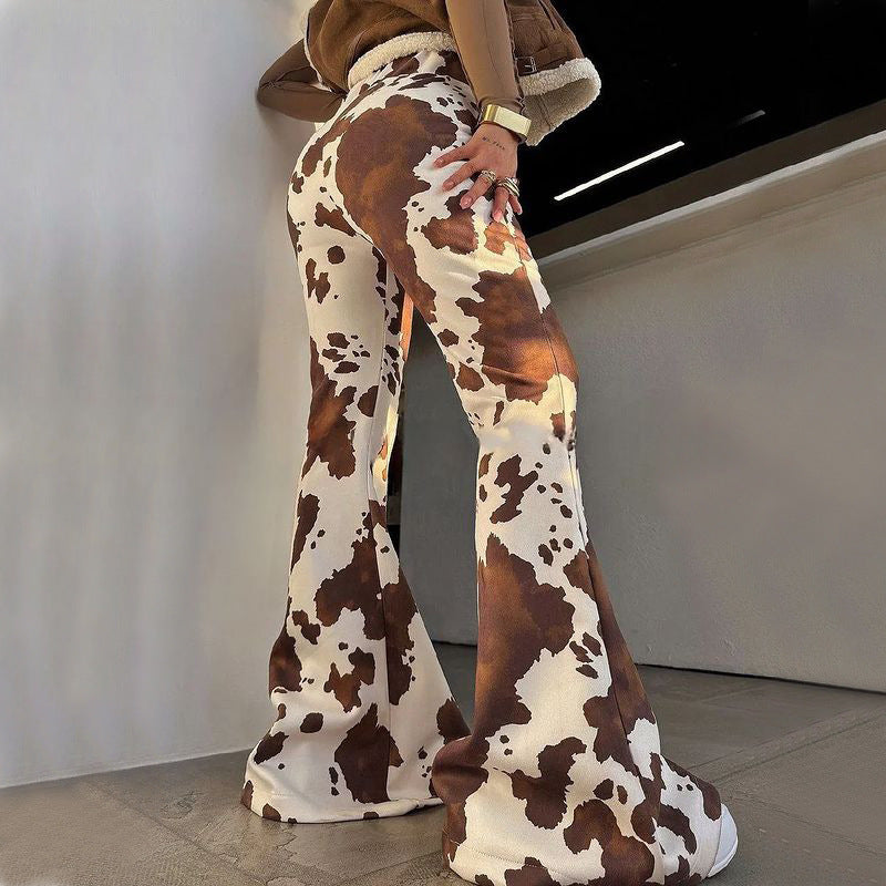 Brown Cow Print Bell-bottom Slim-fit Hottie Sexy Wide-leg Pants