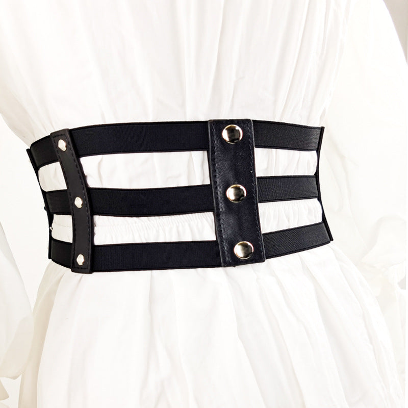 Women's Super Wide Belt Hollow Rivet Decorated Elastic Waist