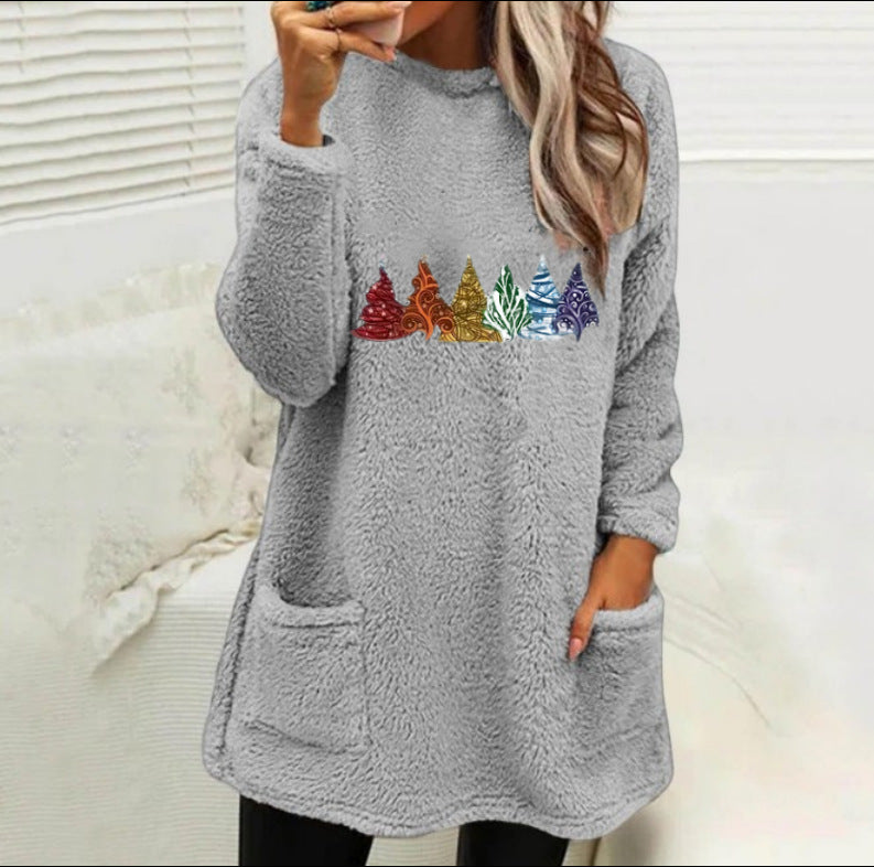 Women's Printed Round Neck Pullover Long Sleeve Pocket Double-sided Velvet Sweatshirt