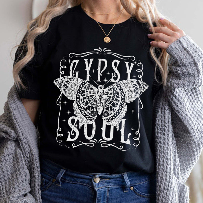 Butterfly Gothic European And American Printed Round Neck Loose T-shirt