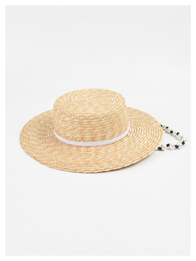 Flat Straw  Women Pearl Chain Sunshade Sun Hat