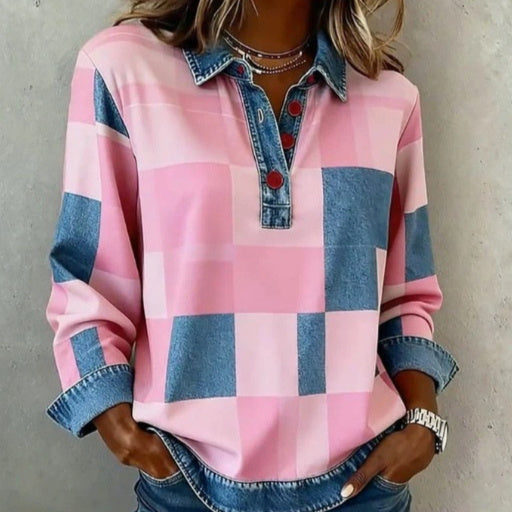 Womens Retro 3D Digital-Print Stand-Up Collar Top