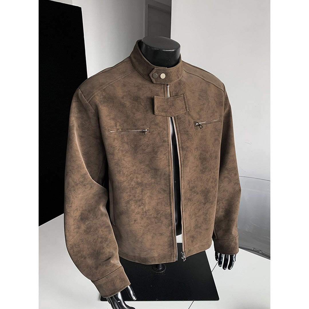 Vintage PU Leather Stand-Up Collar Biker Jacket