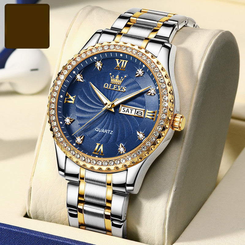 Diamond Set Stainless Steel Business Watch Waterproof Date Day