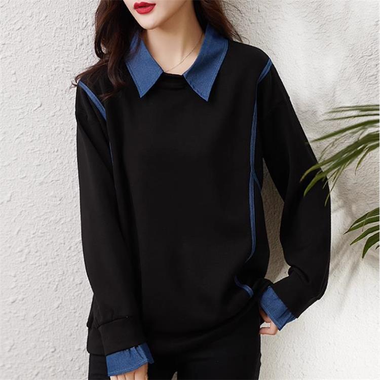 Denim Color Contrast Patchwork Lapel Sweater