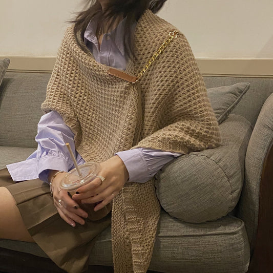 Women's Hollow Knitted Leather Buckle Shawl Spring Autumn