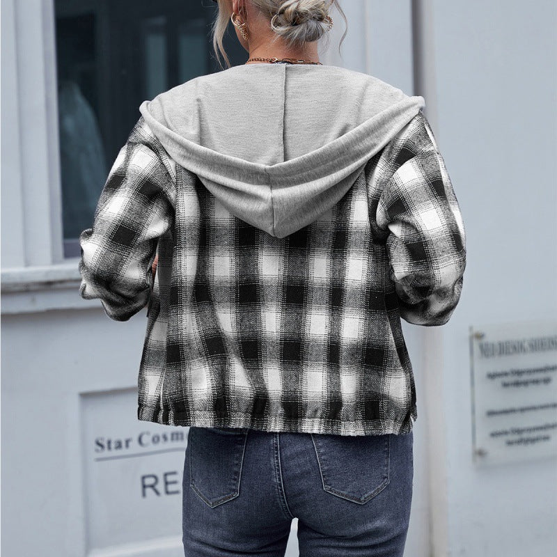 Check Shirt Loose Long Sleeve Casual Zipper Hooded Jacket Coat