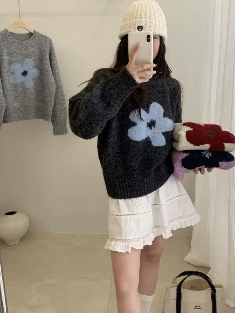 Early Autumn Versatile Casual Floral Round Neck Knitted Long Sleeve Top