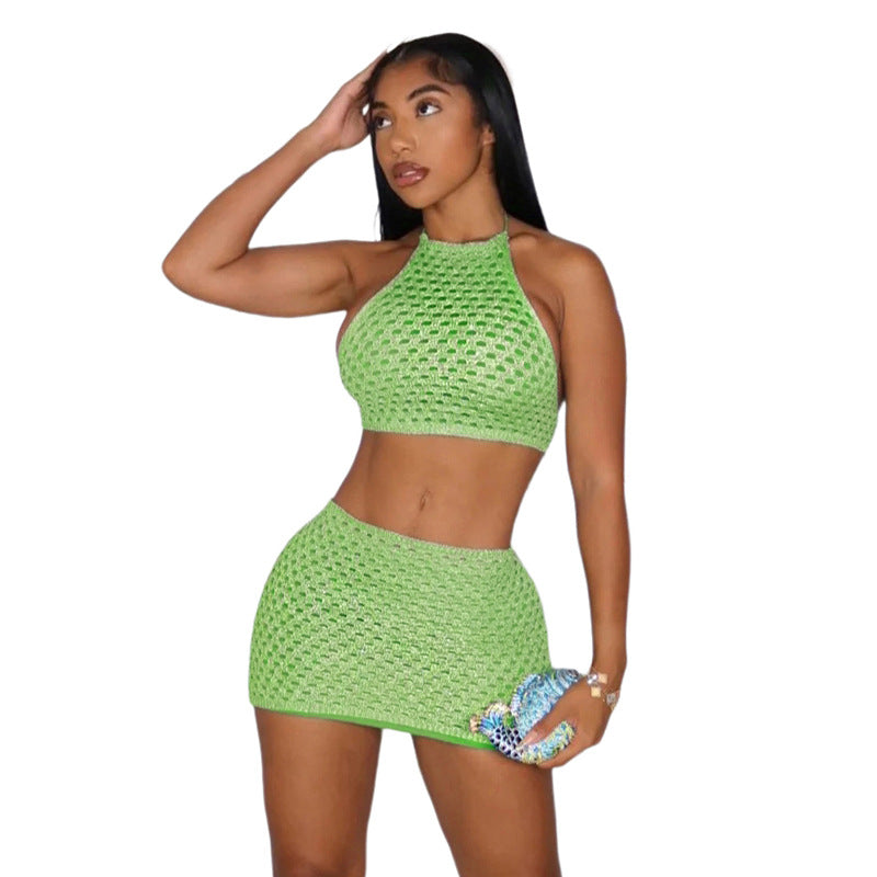 Sexy Knitted See-through Sleeveless Sling Lace-up Backless Sheath Skirt Suit