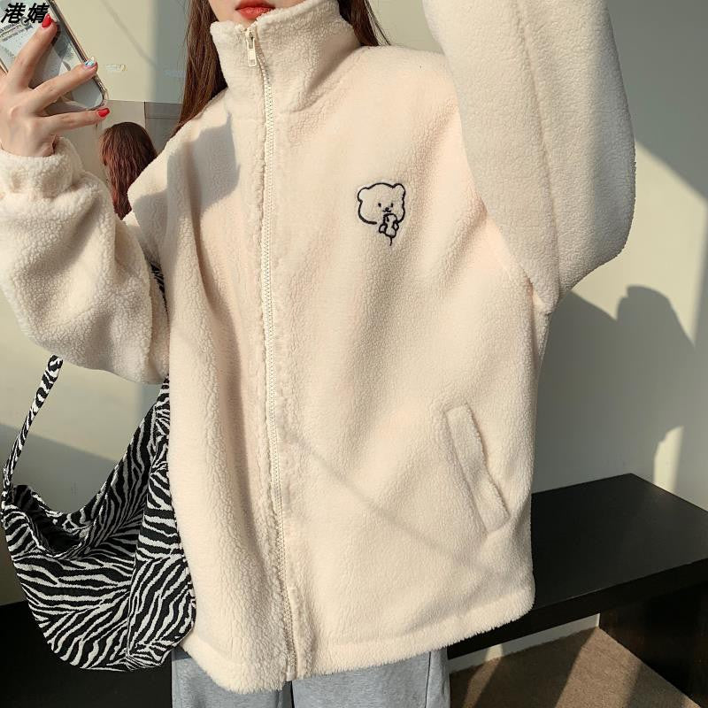 Women's Loose Stand Collar Lamb Wool Coat