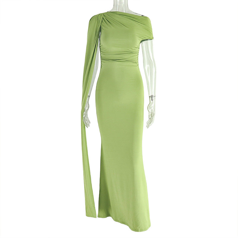 Slim Fit Elegant Solid Color One Shoulder Long Dress