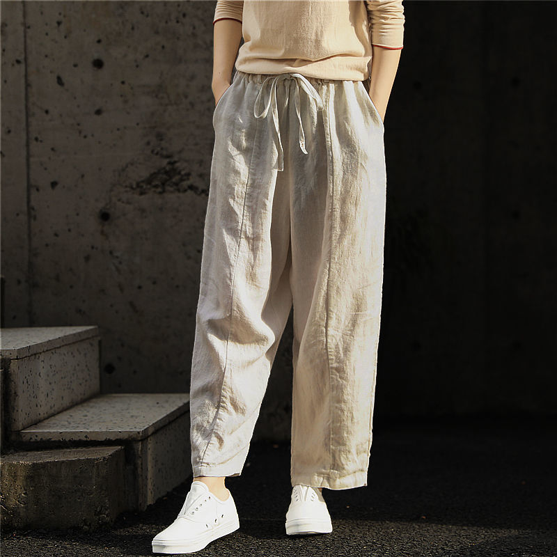 Cropped Pants Loose Anti-cotton Linen Elastic-waist Wide-leg Pants Retro Art And Versatile Casual Pants