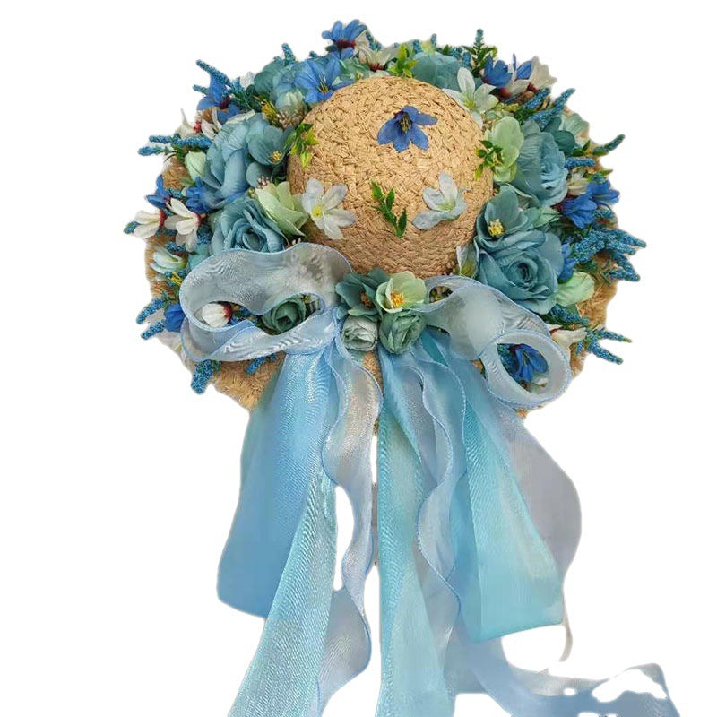 Ladies Fashion Raffia Purple Flower Straw Hat