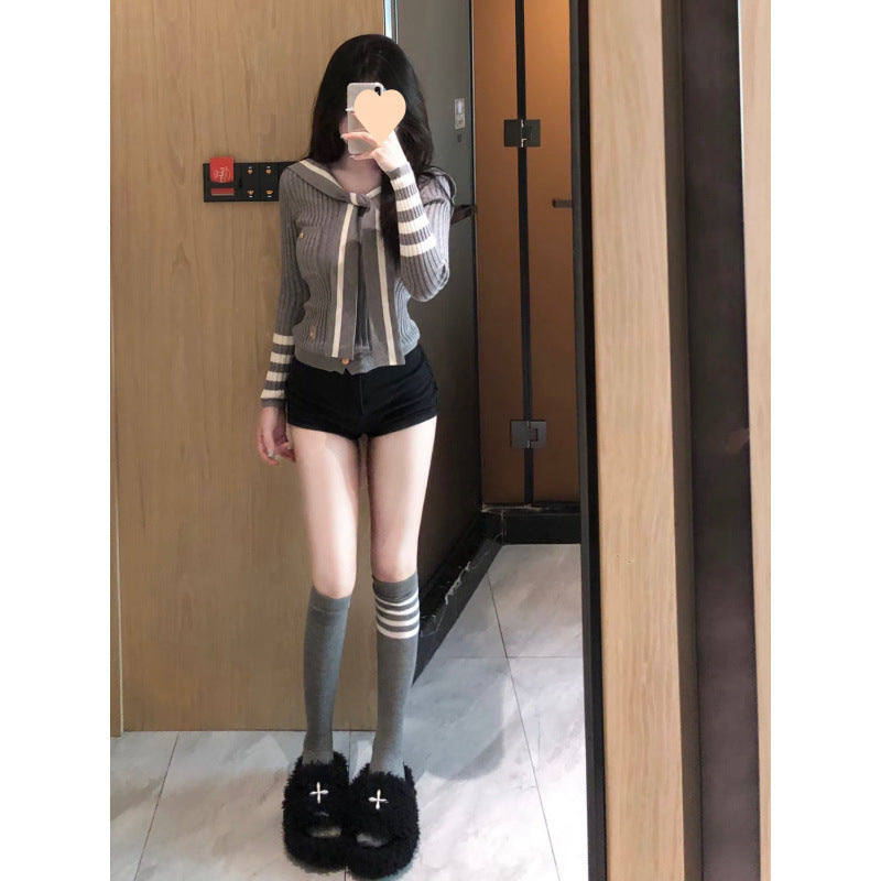 Striped Knit Top And Black High-waisted Short Pants Set For Women