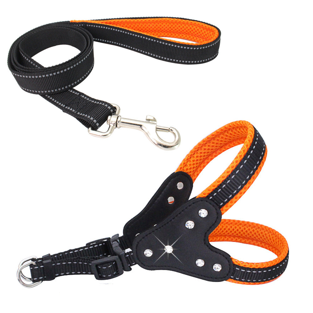 Komfortabelt Mesh Stof Skinnende Rhinestone Kæledyrs Håndholdt Reb Reflekterende Hundebrystrem Veststil