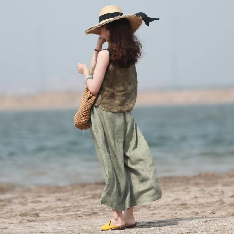 Summer Cotton-linen Loose-fitting Lightweight Capri Wide-leg Pants