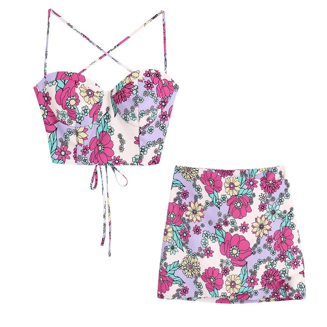 Sling Print Lace Up Short Top  High Waist Skirt Set