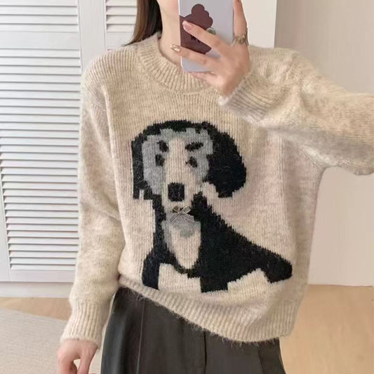 Round Neck Cartoon Pattern Gray Sweater For Women