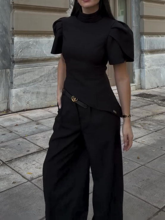Black Turtleneck Puff Sleeve Waist-Cinched Top & High Waist Wide-Leg Pants Set